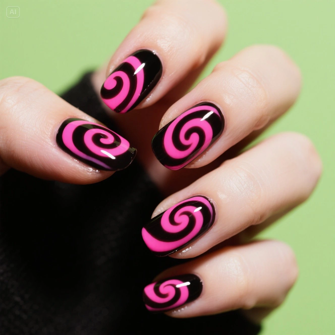 Black Base with Pink Neon Swirls Nails