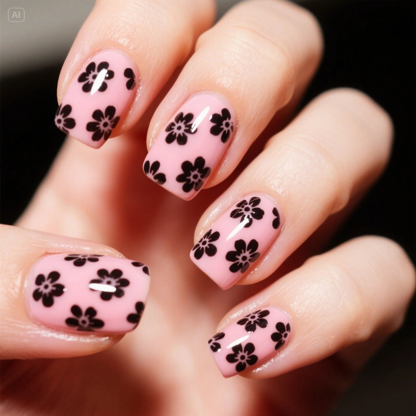 Black Floral on Pink Nails