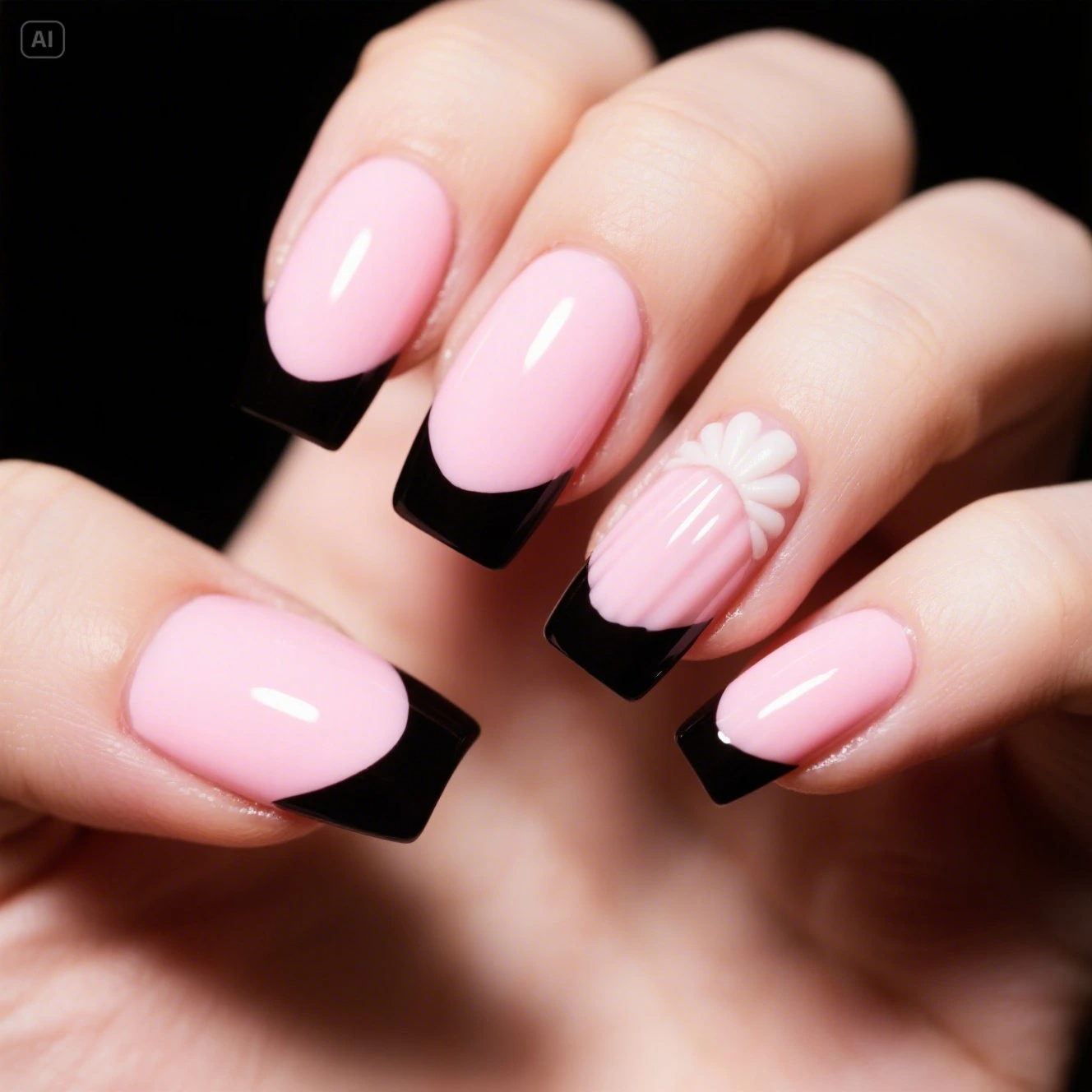Black French Tips on Pink Shell Nails