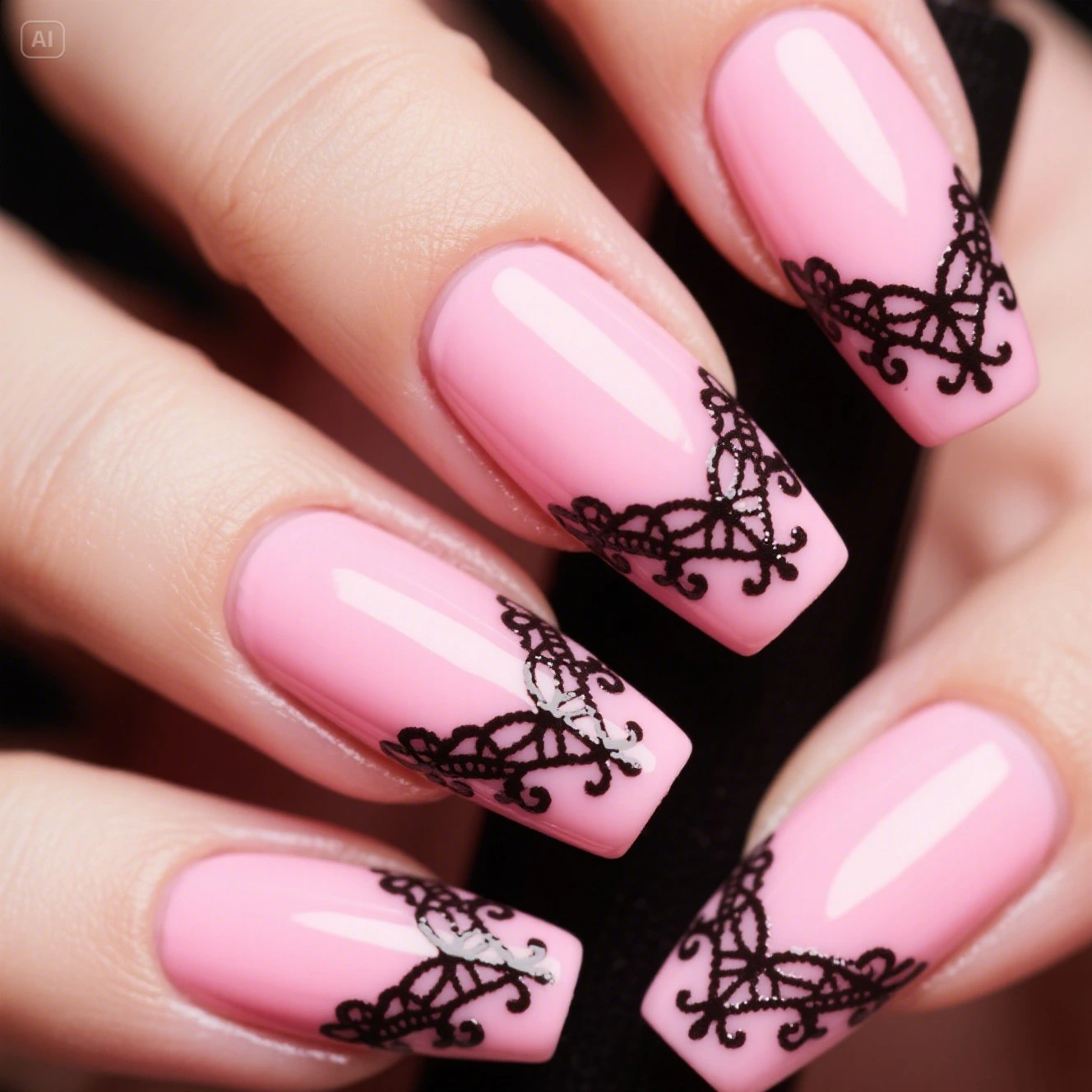 Black Lace Details on Pink Nails