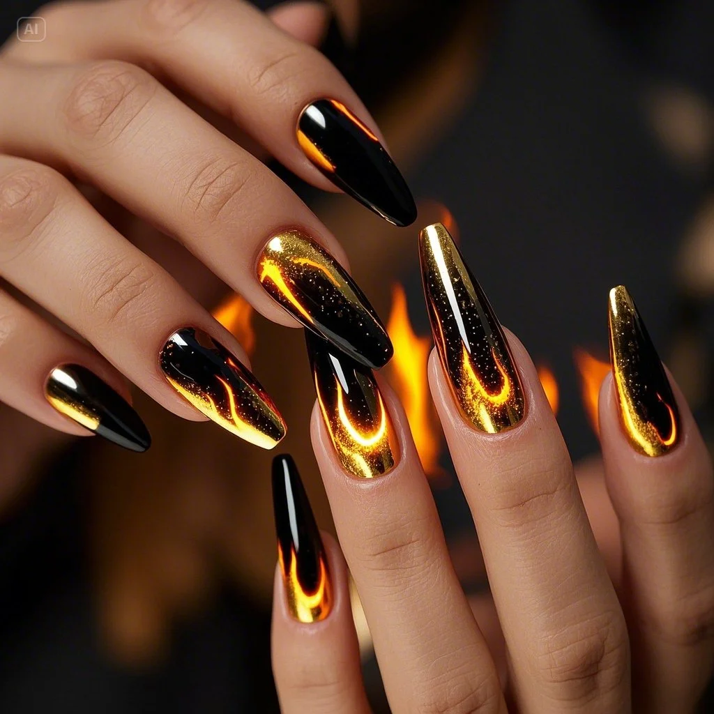 Black & Gold Fire Nails