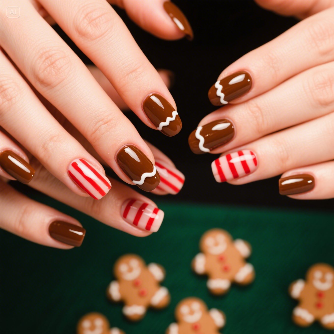 Brown & Red Striped Gingerbread Nails