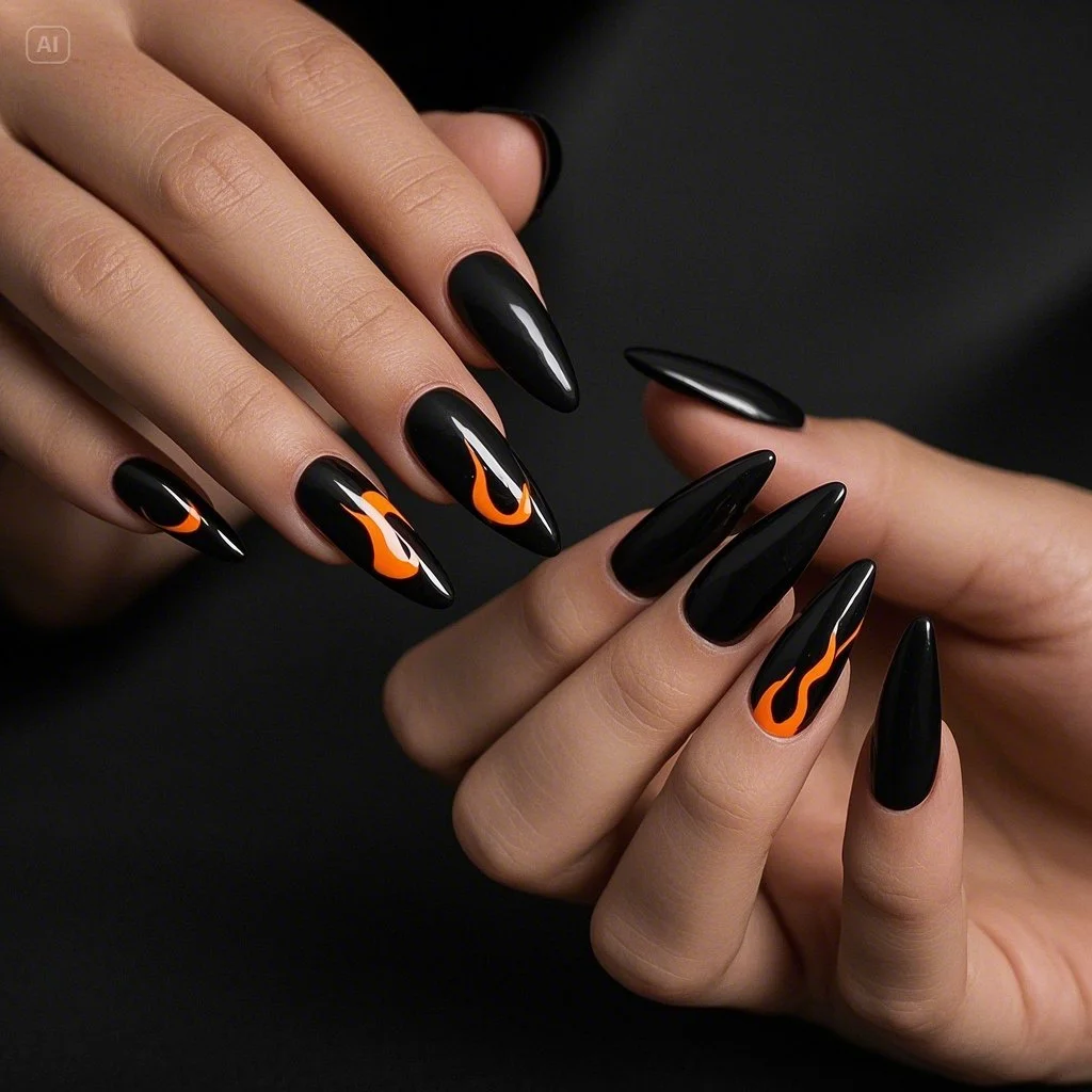 Matte Black with Glossy Flames Nails