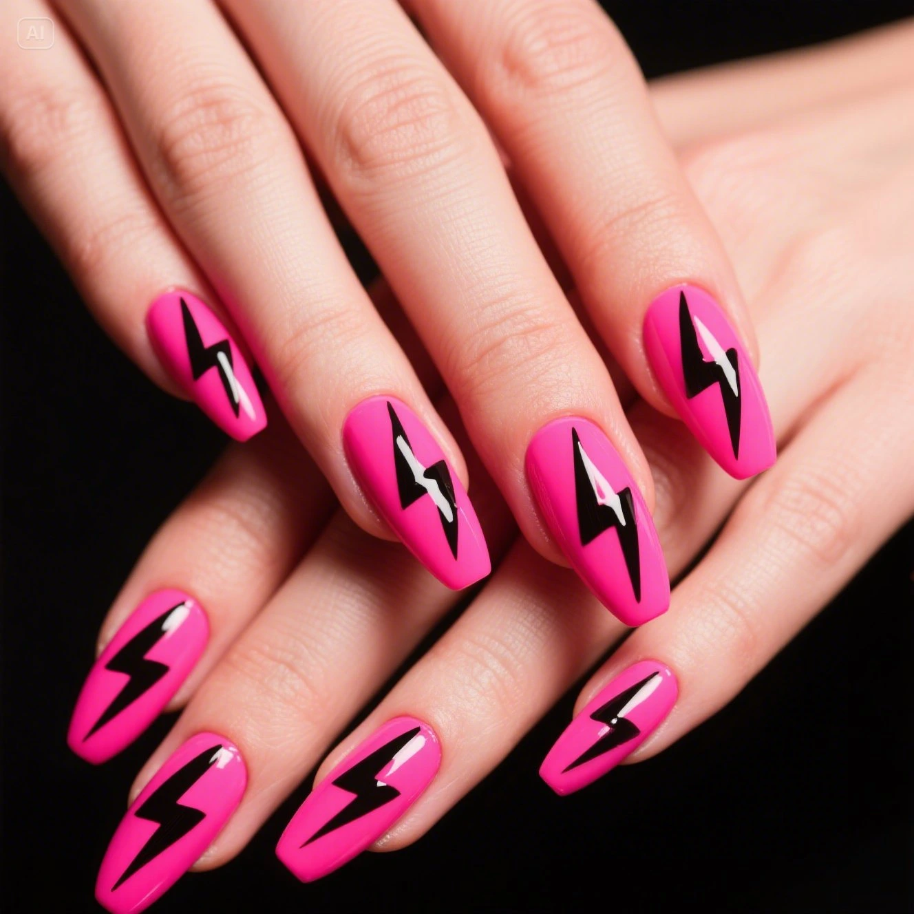 Pink Base with Black Lightning Bolts Nails