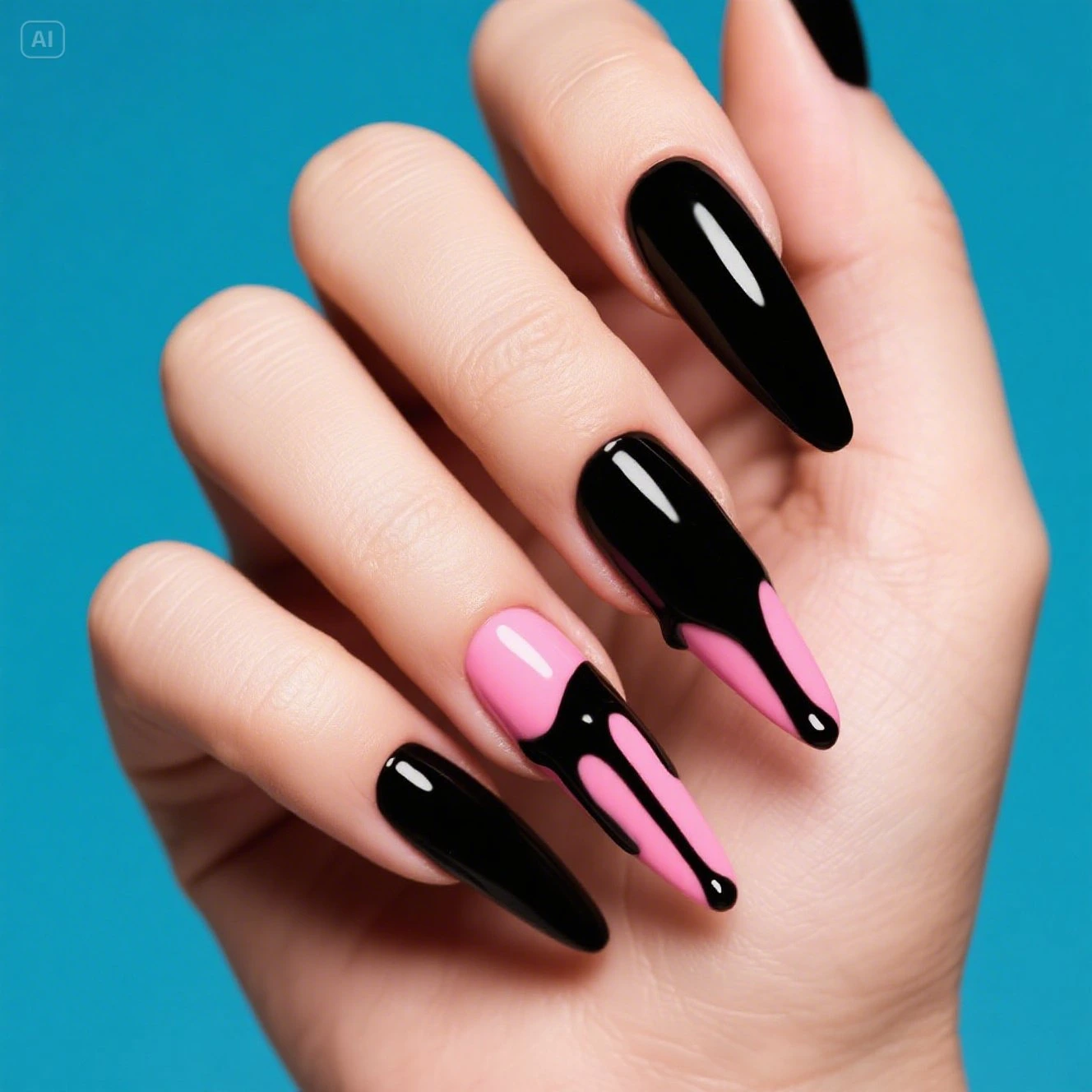 Pink Base with Dripping Black Nails