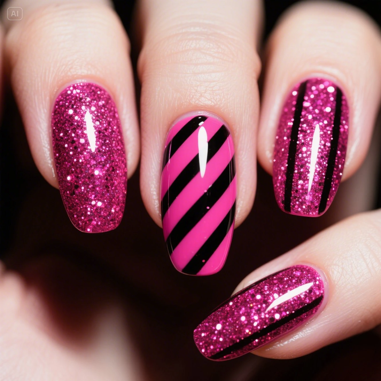 Pink Glitter with Black Stripes Nails