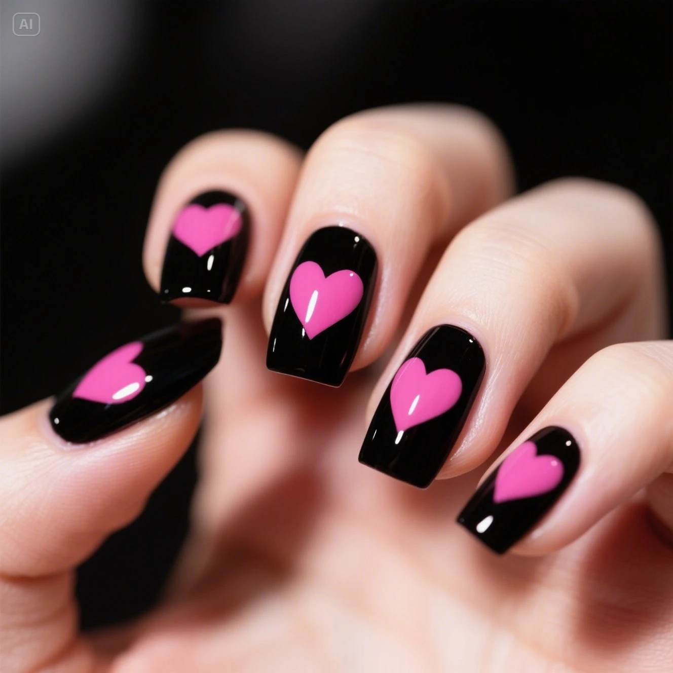 Pink Hearts on Black Nails