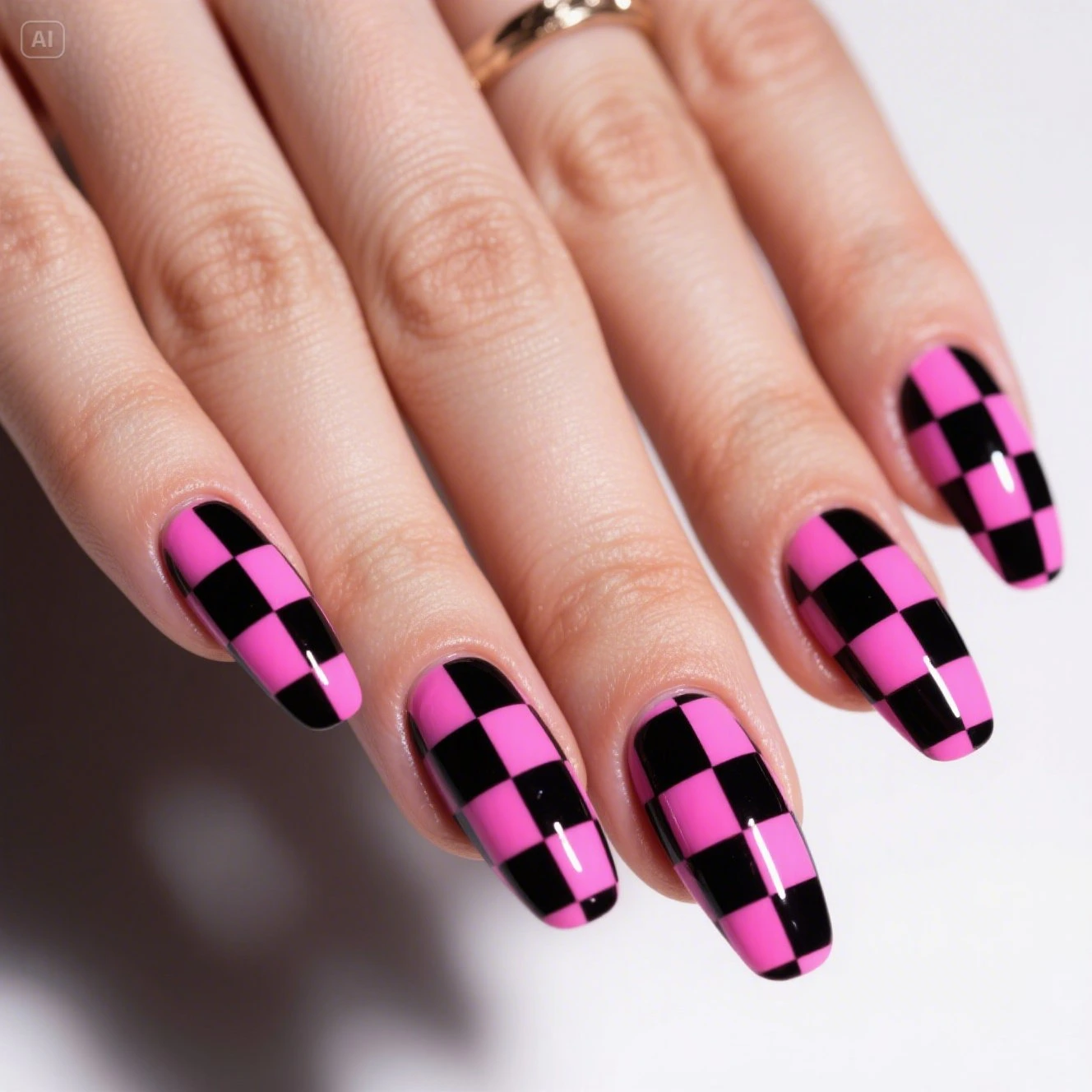 Pink and Black Checkerboard Nails