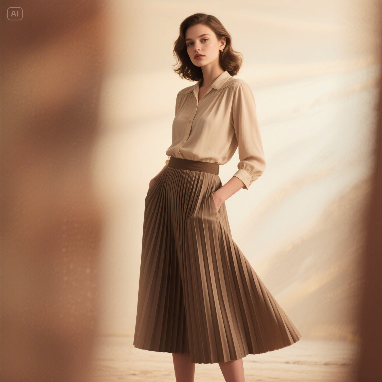 Pleated Midi Skirt & Blouse