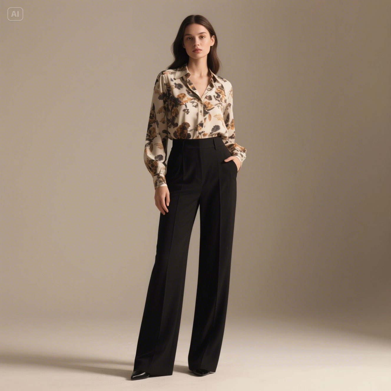 Printed Blouse & Straight-Leg Trousers
