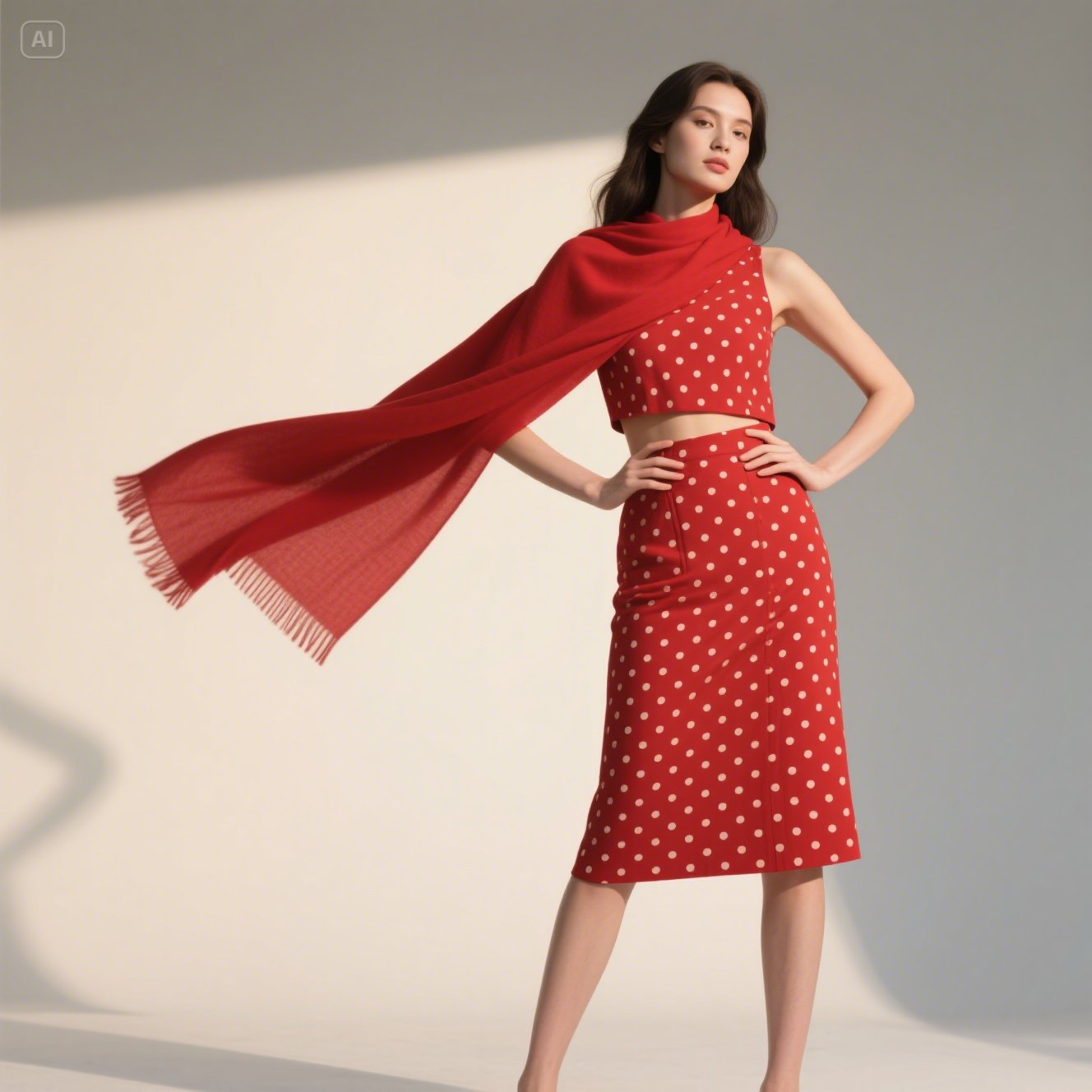 Red Scarf & Pencil Skirt Set