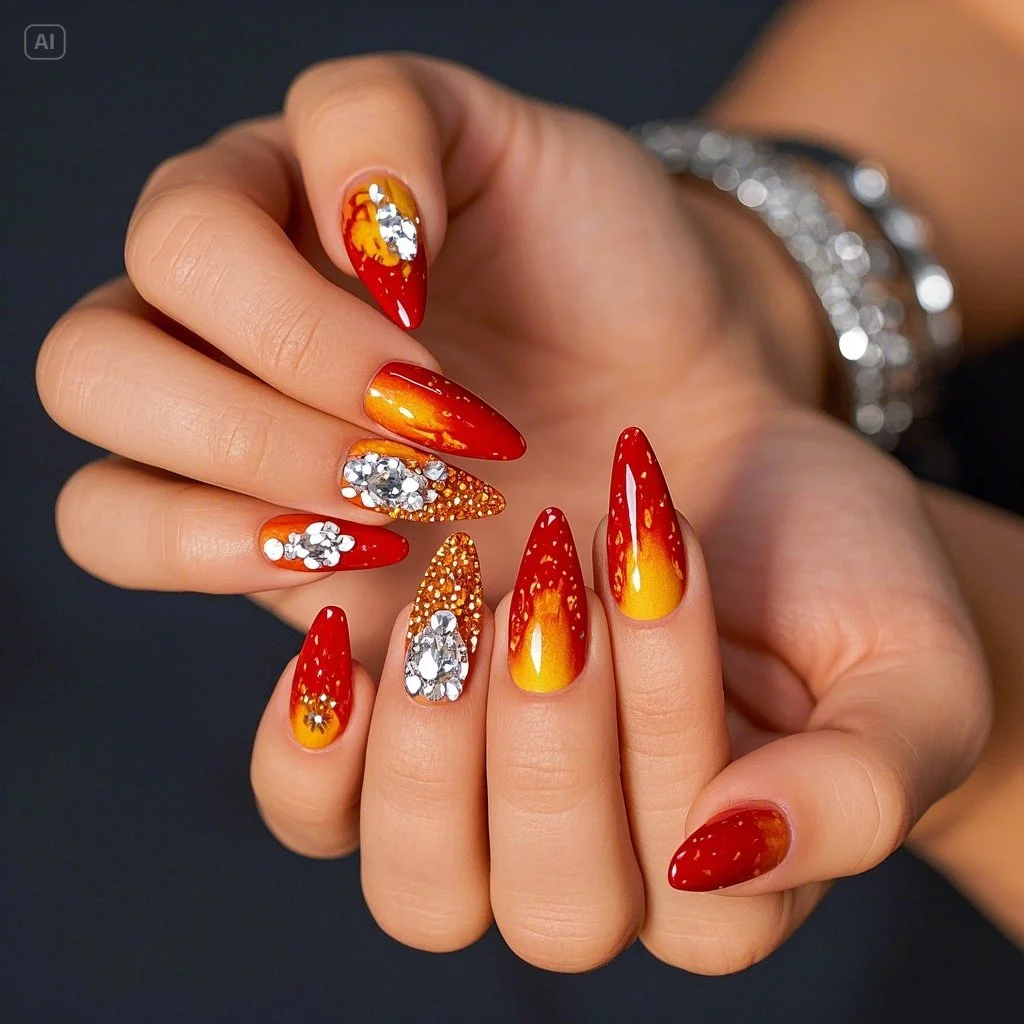 Rhinestone Flame Accents Nails