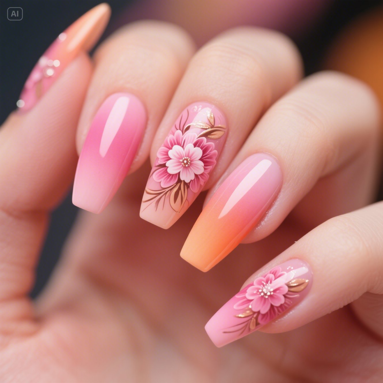 Ombre Pink and Orange Nails