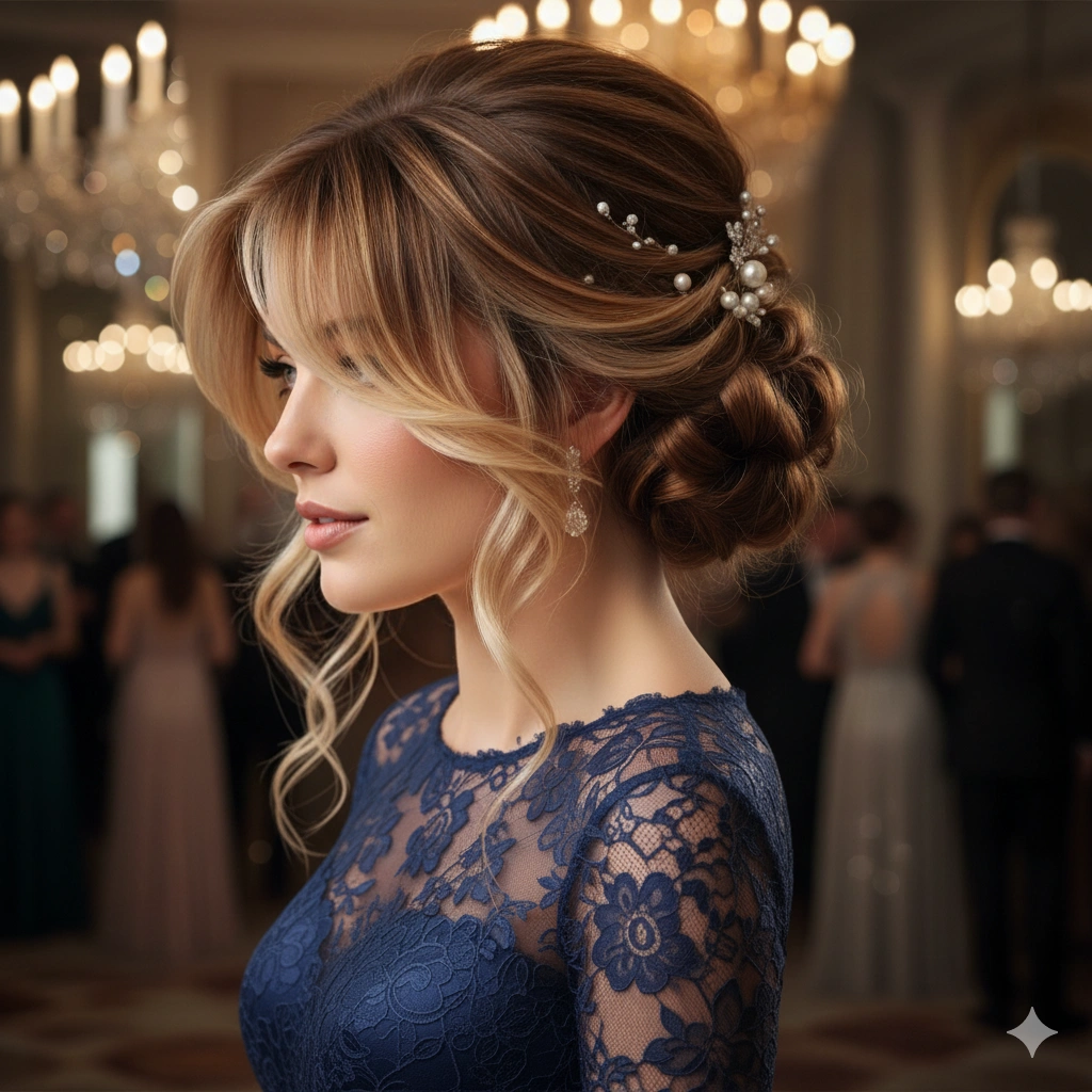 soft low knot with long bangs