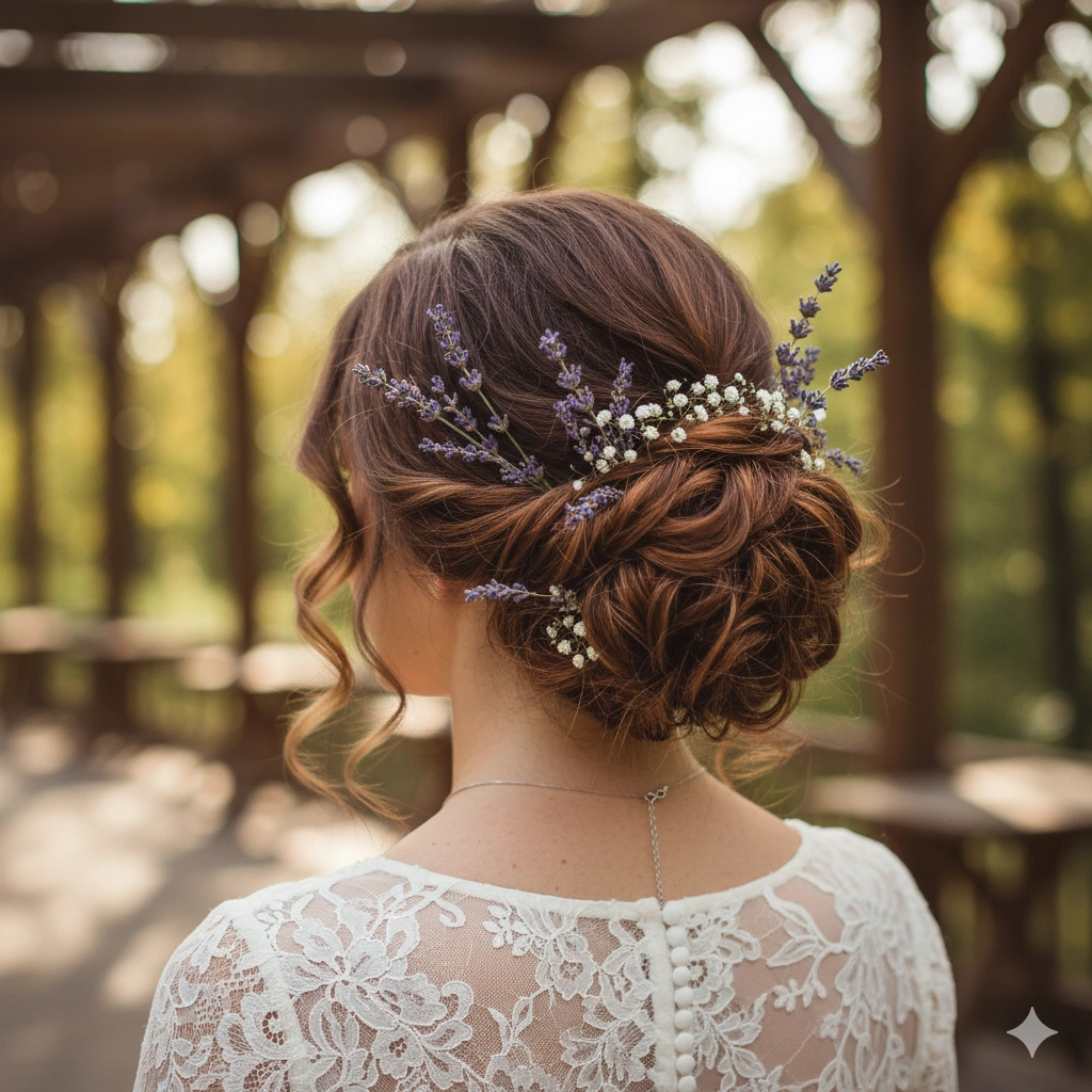 A curly bun with flowers