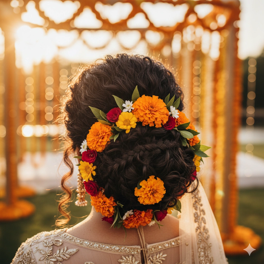 curly bun with flowers 