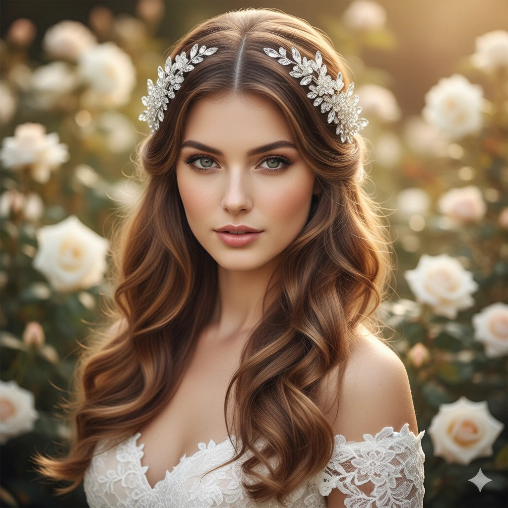 Soft Loose Curls with Middle Parting and Floral Crystal Hair Vine