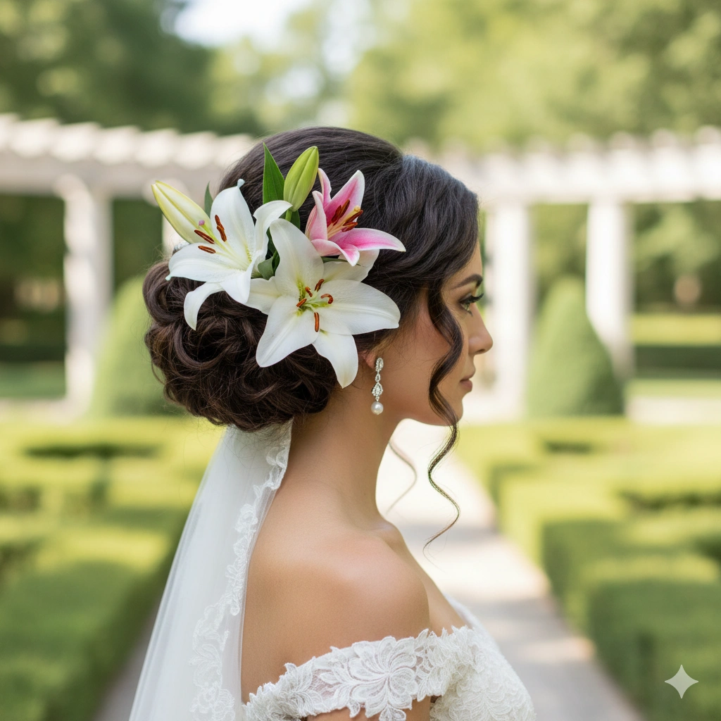 curly bun with flowers 