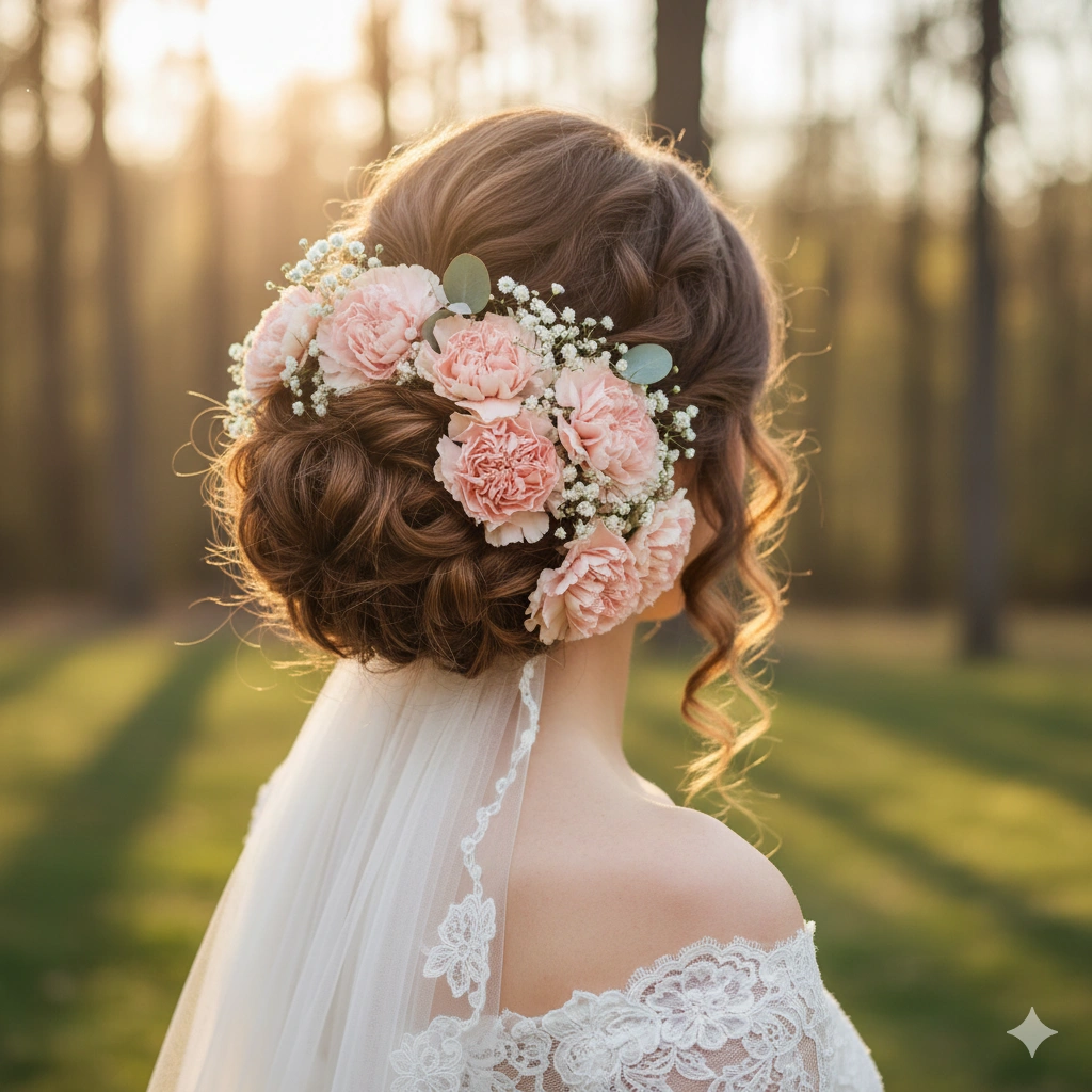 curly bun with flowers 