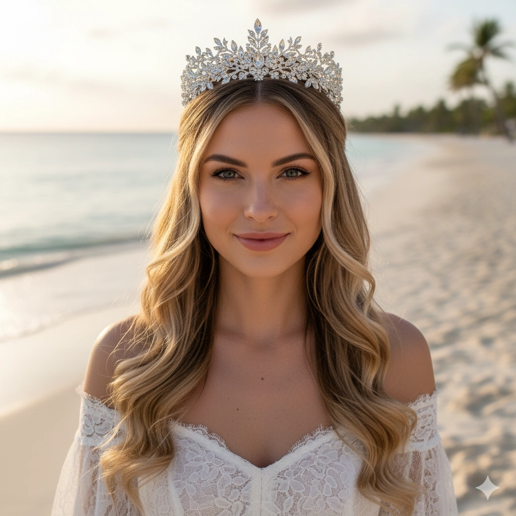 Soft Loose Curls with Middle Parting and Floral Crystal Hair Vine