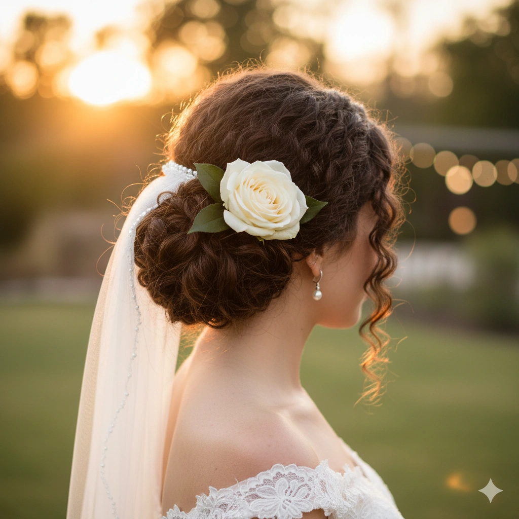 curly bun with flowers 