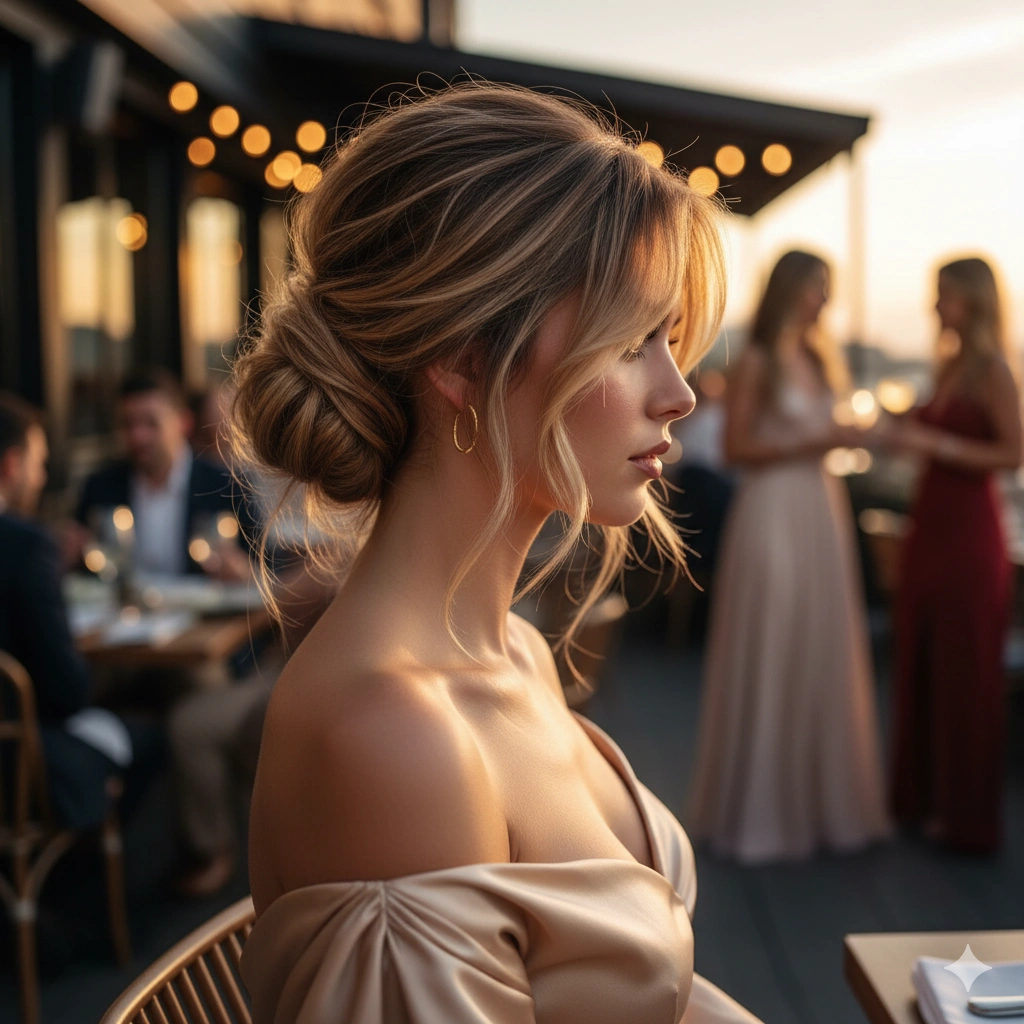 soft low knot with long bangs