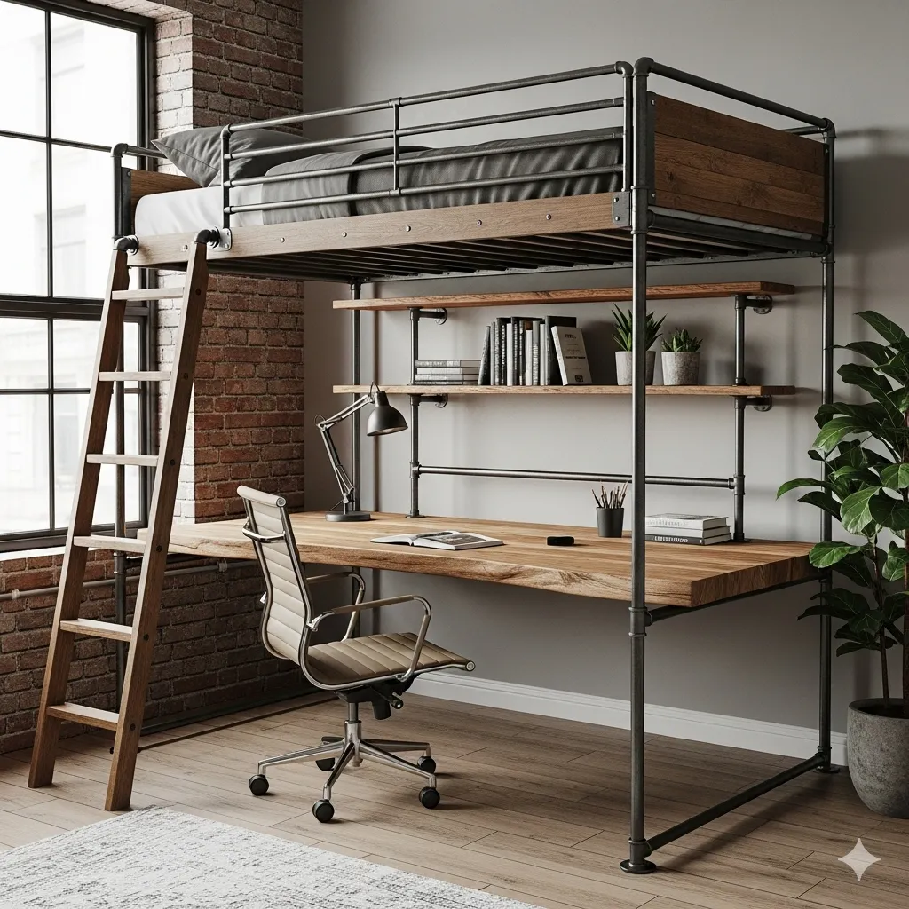 Industrial Loft Bed with Workspace