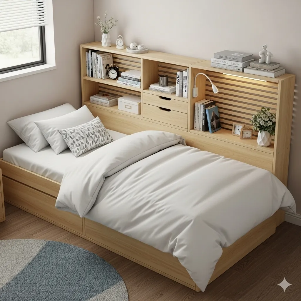 Twin Bed with Built-In Shelves