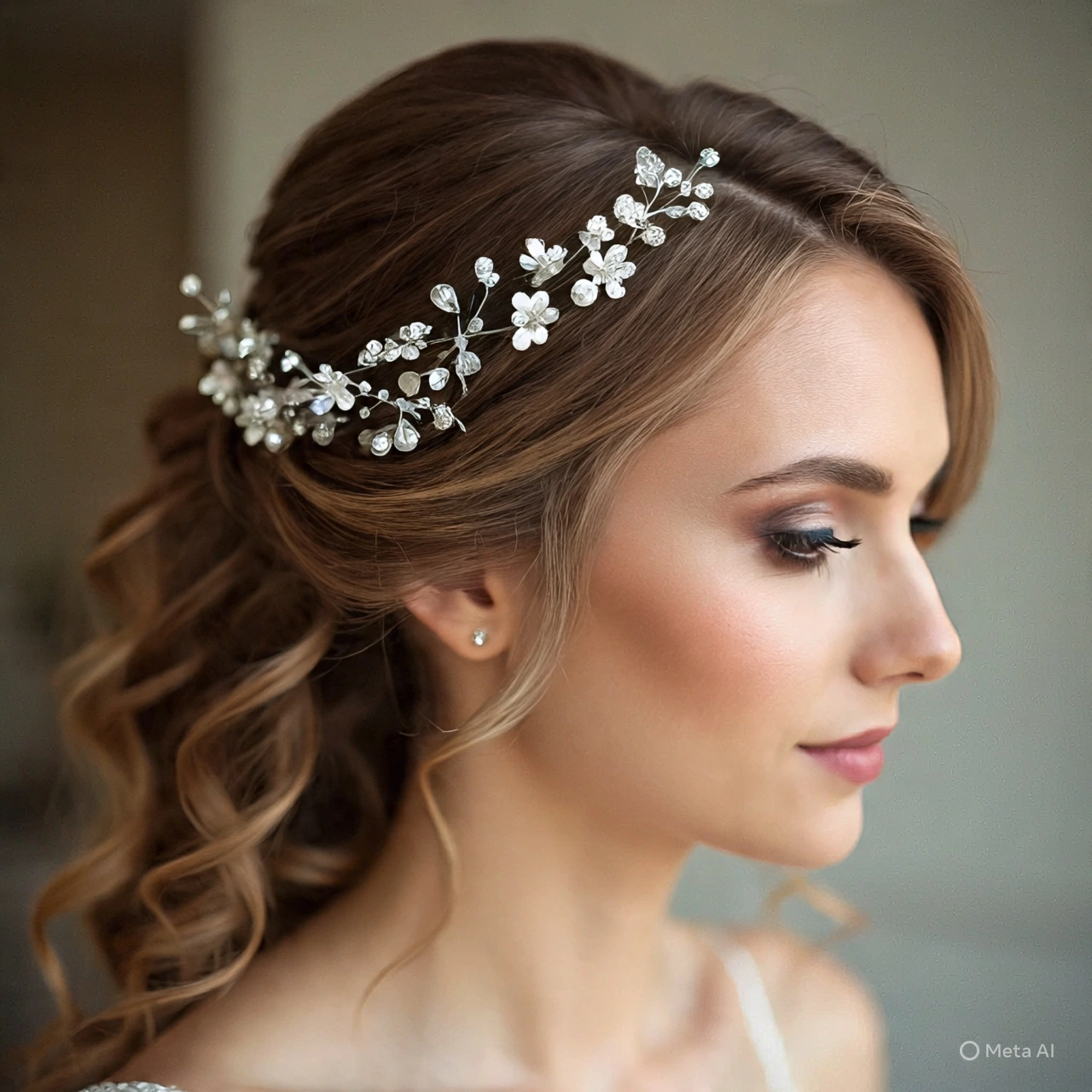 Soft Loose Curls with Middle Parting and Floral Crystal Hair Vine