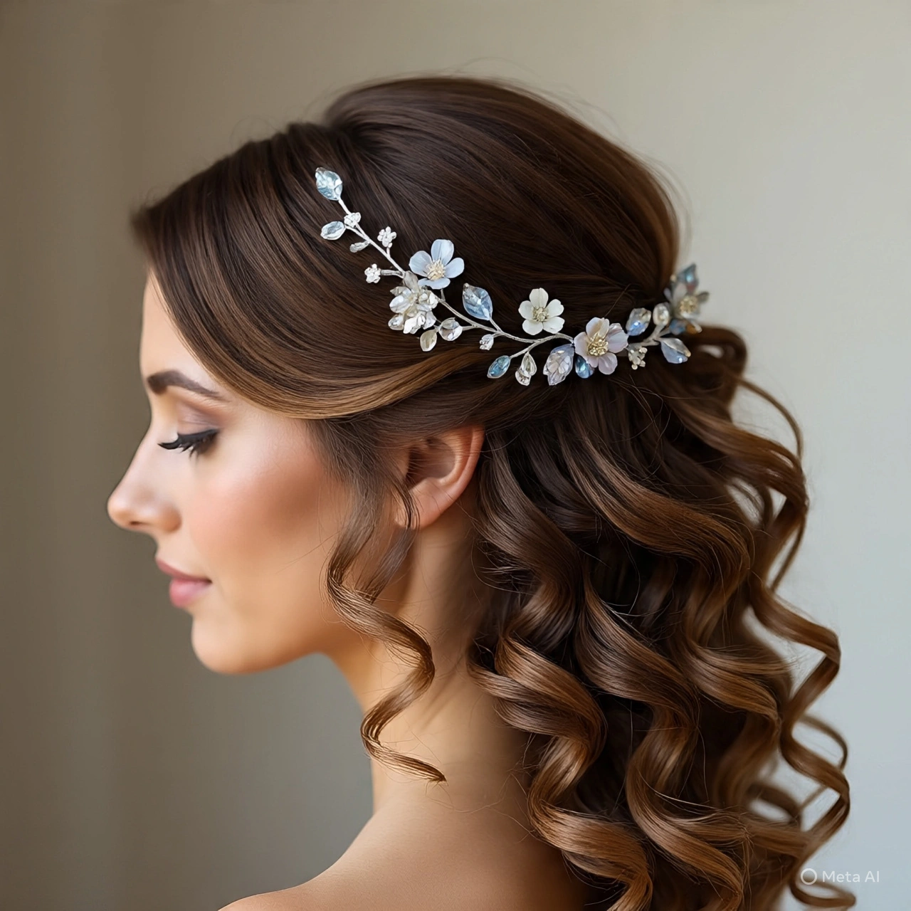 Soft Loose Curls with Middle Parting and Floral Crystal Hair Vine