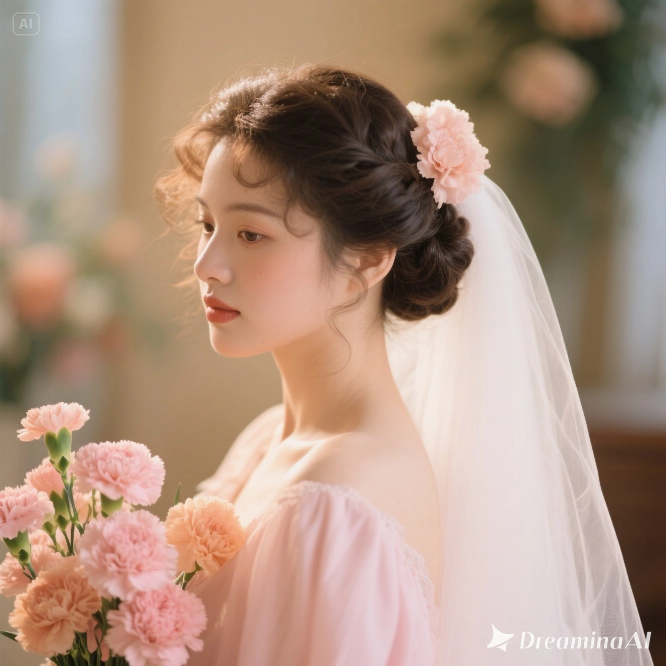A curly bun with flowers