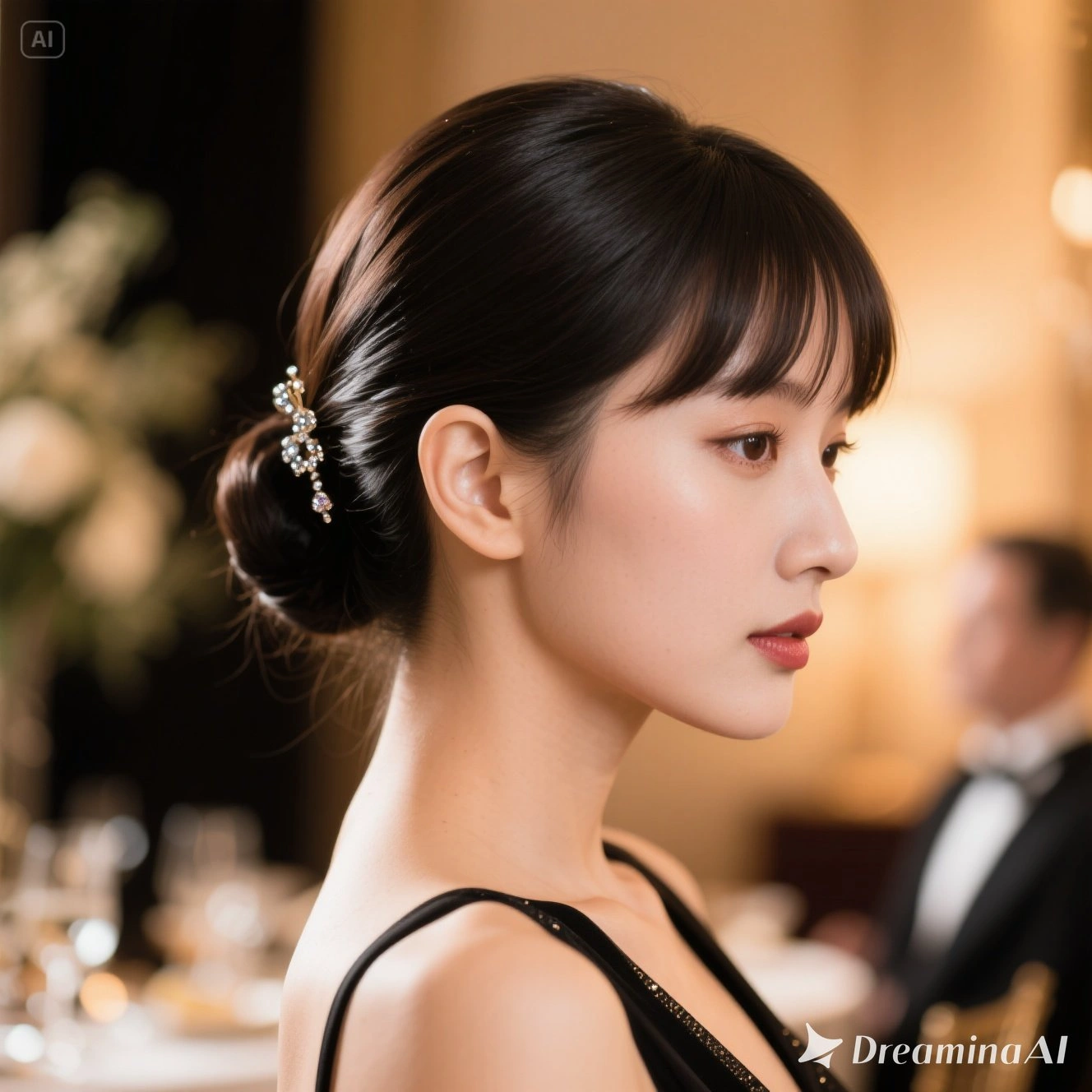 soft low knot with long bangs