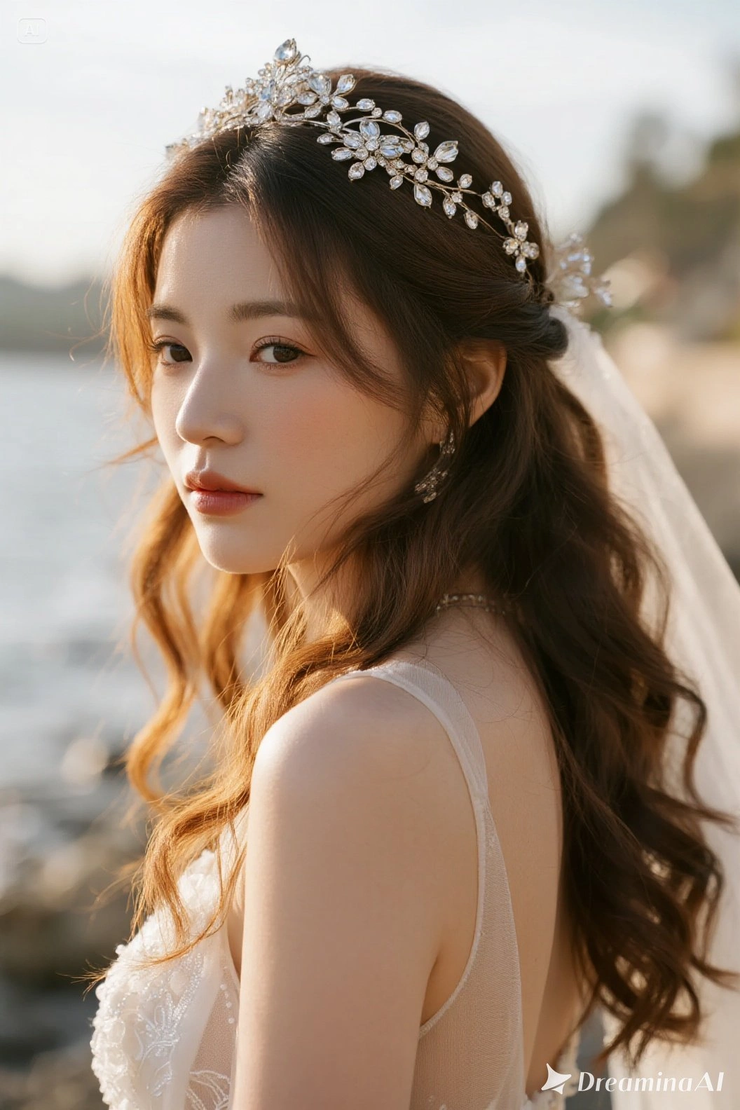 Soft Loose Curls with Middle Parting and Floral Crystal Hair Vine