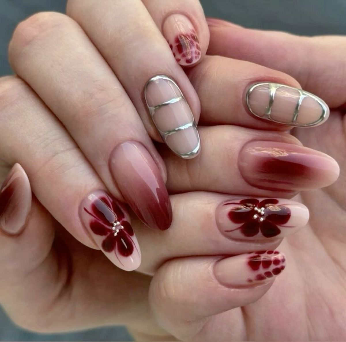 mismatched flowers nails