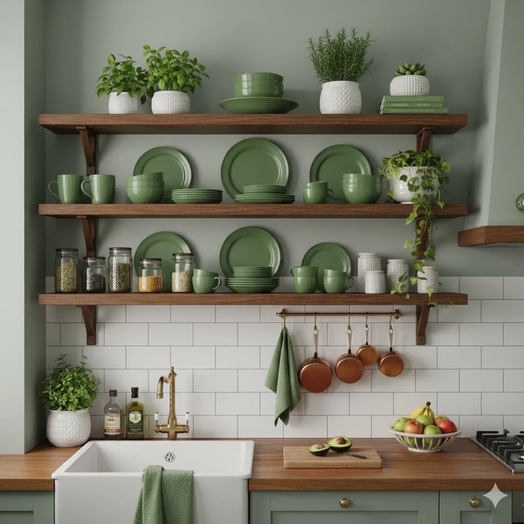 Style Open Shelves with Green Accents