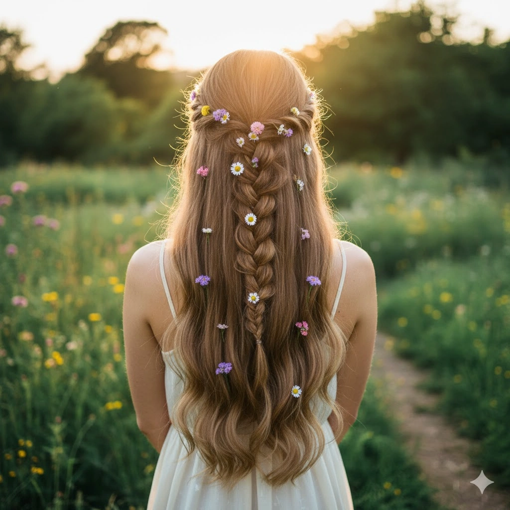 curly hair with delicate floral pins