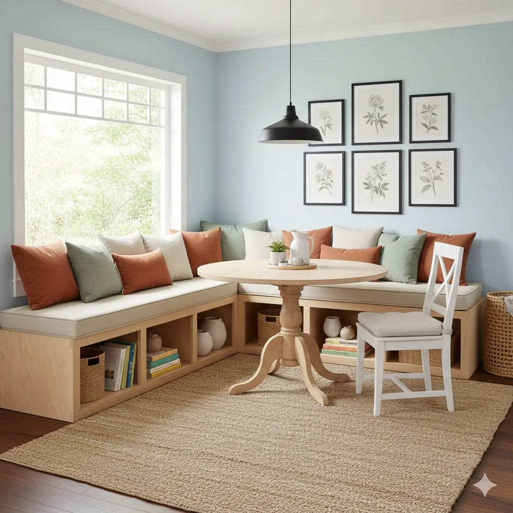 Banquette with Open Shelving Beneath
