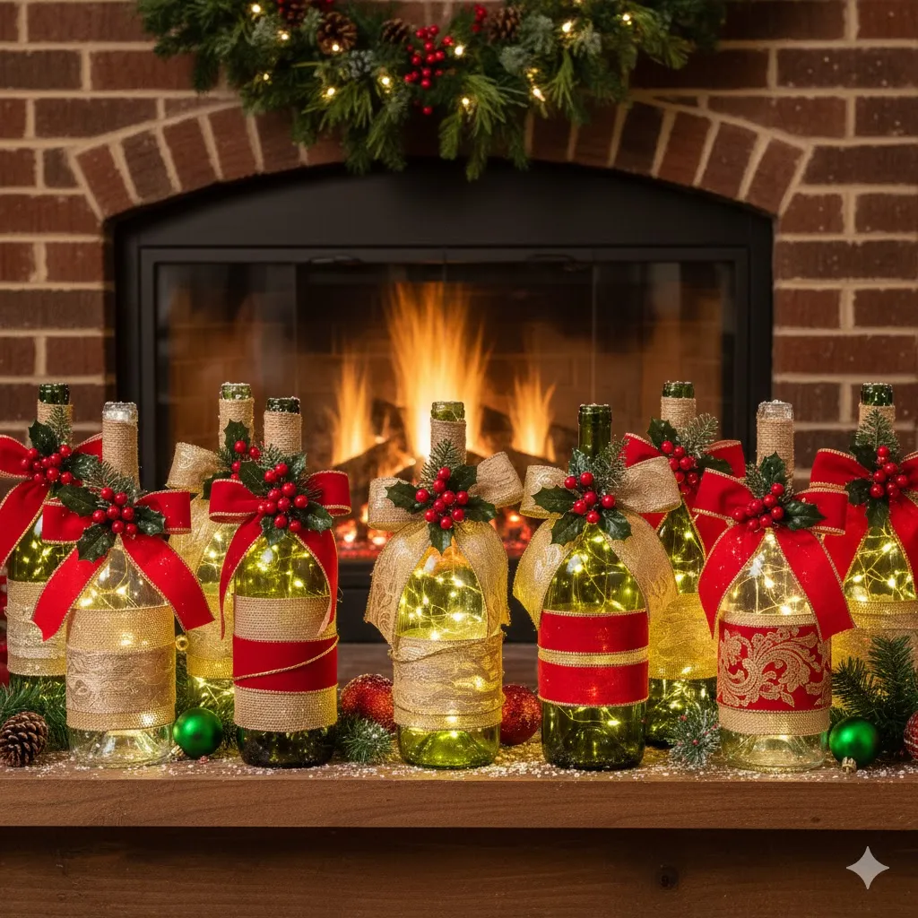 Holly and Ribbon Décor Bottles