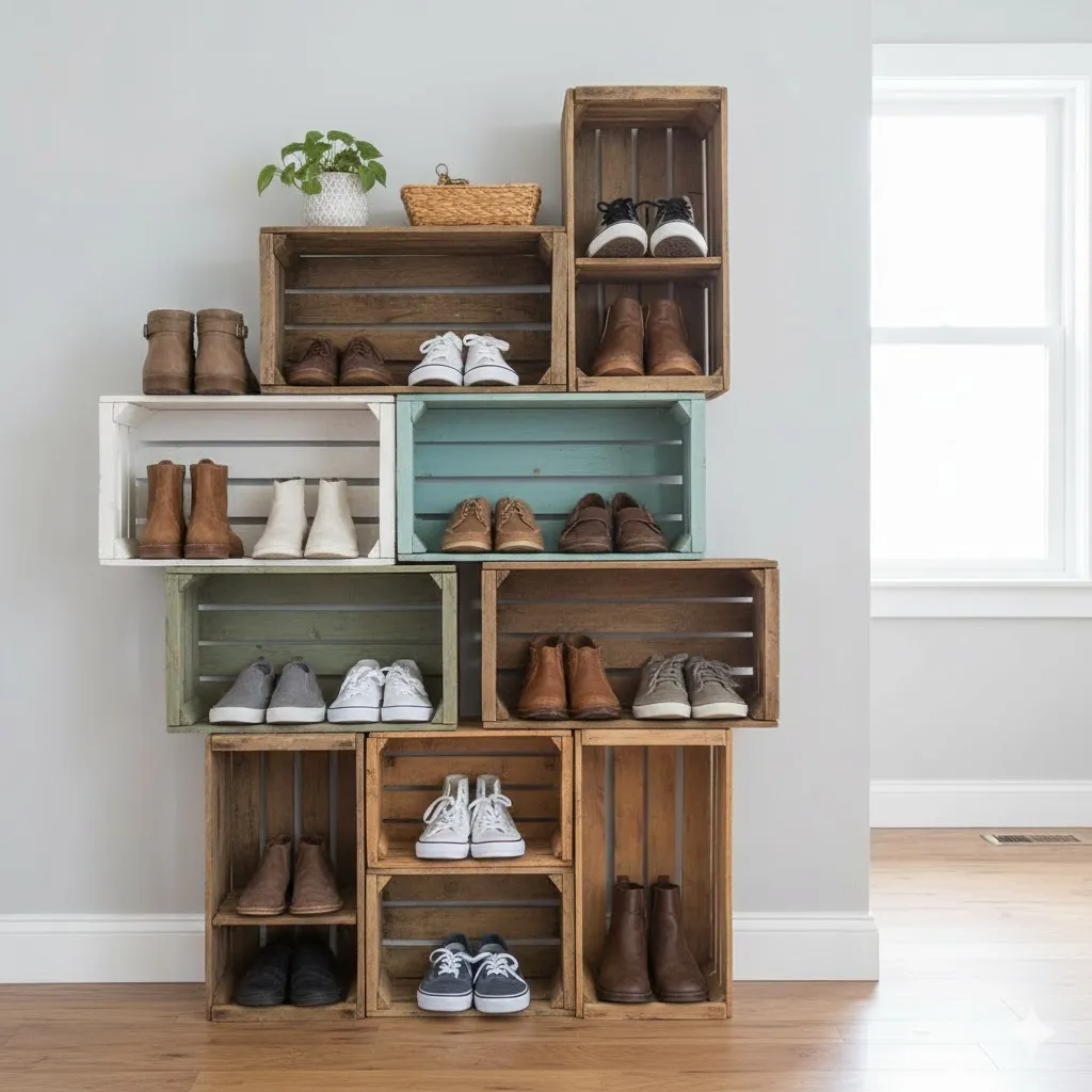 Wooden Crate Shoe Shelves