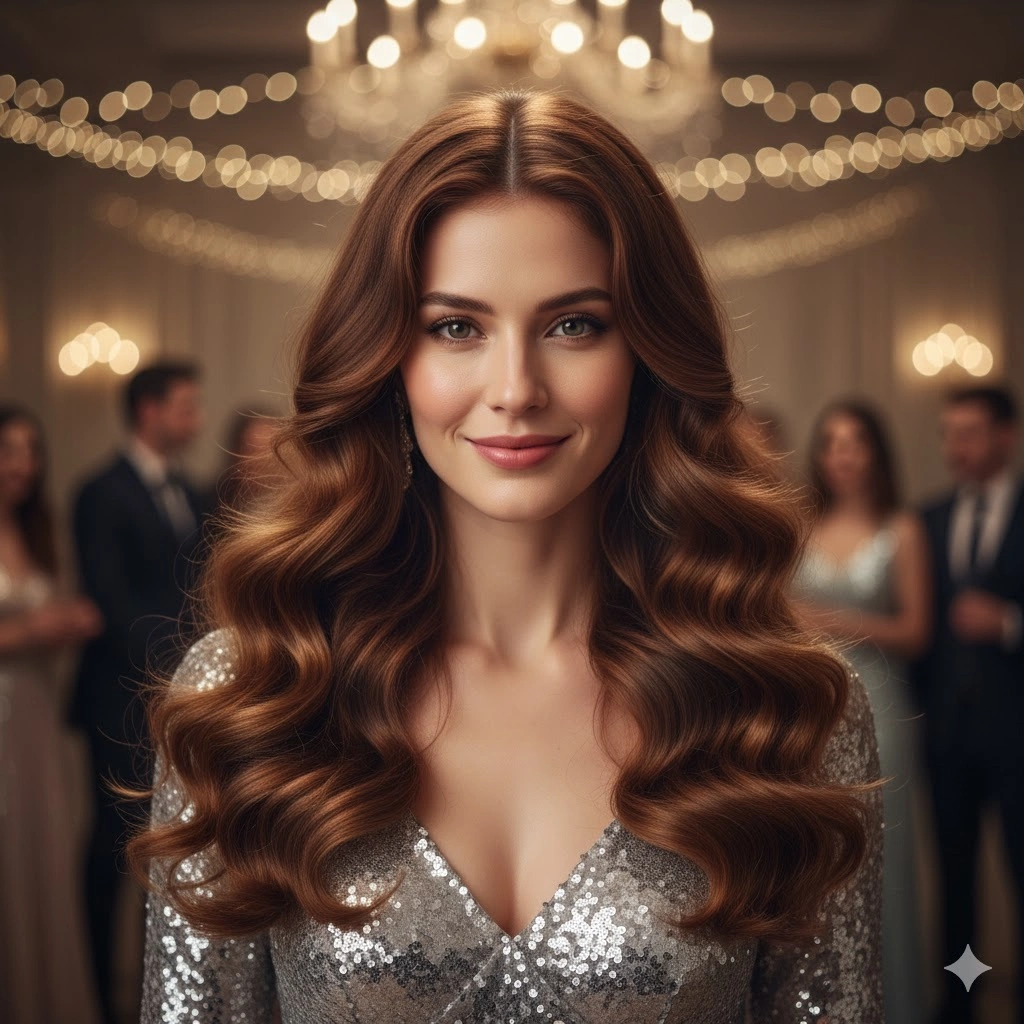 voluminous curls with a middle part