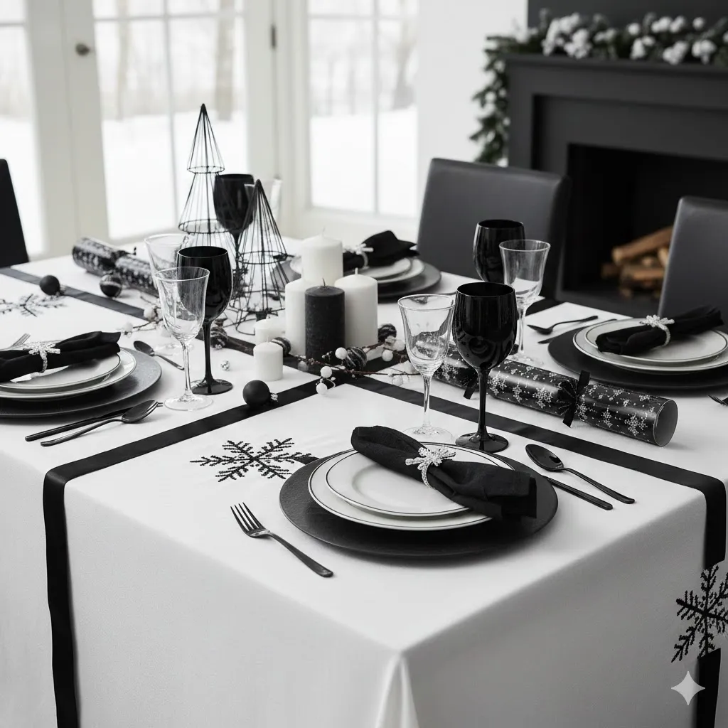 Crisp White Tablecloth with Black Accents